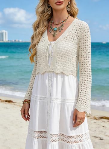 Image of Women's Crochet Tie Front Cardigan Cropped Knit Bolero Shrug Bell Sleeve