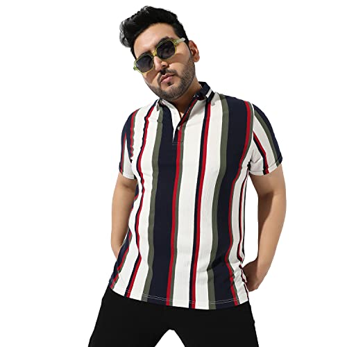 Image of Instafab Plus Men's Multicolour Striped Button Up Spread Collar T-Shirt for Casual Wear Regular Fit |Cotton Shirt Crafted with Short Sleeve, Comfort Fit & High-Performance for Everyday Wear