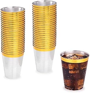 STACKABLES ~ 50 Pack Plastic Cups ~ 8oz Clear Plastic Cup ~ Gold Rimmed Tumblers ~ Elegant Party Tumbler Set for Wedding Cocktail & Parties