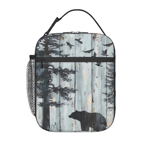 ainori Reusable Bear Lunch Box for Kids Girls Boys Women Adult, Insulated Rustic Wood Lunch Bag,Polyester Cooler Handbags Case for School Picnic Work...