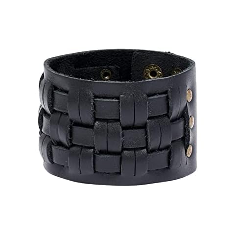 Fusamk Punk Rock Snap Bracelet Braided Wide Leather Wristband Arm Cuff Bracelet, Metal Faux Leather, no gemstone Cover