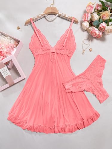 Image of Foxiny Sexy Ruffle Sheer Mesh Lace Wireless Babydoll Lingerie Dress with Thong 2 Piece