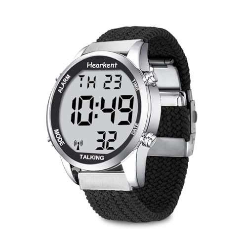 Hearkent Herren Sprechende Uhr Sehbehinderte Funkuhr-Deutscher Stimme-LCD Große Zahl Leicht zu Lesen-Seniorenuhr Armbanduhr für Senioren Blindenuhr(Nylon Schwarz)