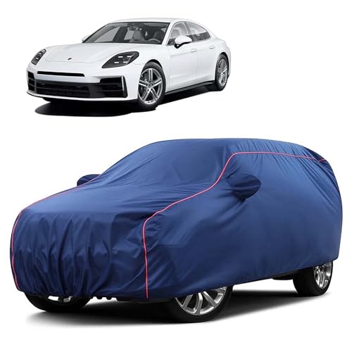 Image of Sulfar 100% Water Resistant Car Body Cover Compatible with Mirror for Porsche Panamera (Triple Stitched, Full Bottom Elastic, Blue Taffeta with Red Piping)