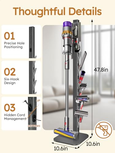 Image of Vacuum Stand for Dyson V16 Gen5 V15 V12 V11 V10 V8 V7 V6, Freestanding No-Drill Floor Stand w /6 Hooks, Cord Management & Heavy-duty Metal Weighted Base, Vacuum Attachment Organizer, Dark Gray
