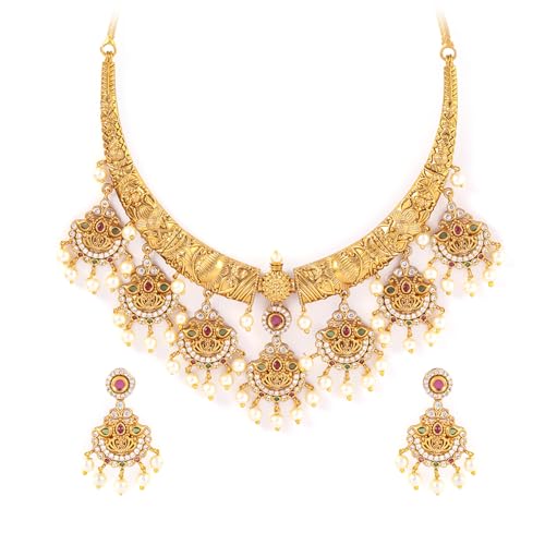 Image of Rubans Gold Plated Temple Necklace Set Traditional Statement Jewellery Gift for Women & Girls