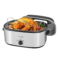 Roaster Oven 24 Quart, Electric Roaster Oven with Viewing Lid, Electric Turkey Roaster Pan with Defrost & Warm Function, Fast-Heating Turkey Roaster with Removable Pan & Rack, Stainless Steel, Sliver