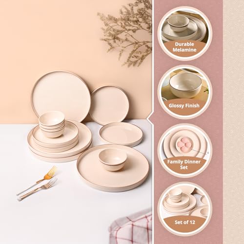 Image of MARKET 99 Melamine Plato Dinner Set of 12 Pcs | Glossy Round Dinnerware Set with 4 Full Plates, 4 Quarter Plates & 4 Soup Bowls | Elegant Plain Design | Lightweight, Durable & Easy to Clean Dining Set