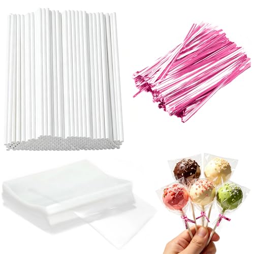 Basquei Cake Pop Sticks 6 Inches Cake Pop Bags (3.9X4.7) Pink Metallic Twist Ties 300 Pcs Cake Pop Kit Used for Lollipops Cake Candies Chocolates Making Tools