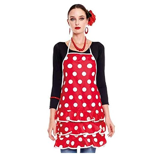 Delantal Sevillana Flamenca Lunares【Rojo Lunares Blancos】| Accesorio Feria Abril Delantal Cocina Mujer Original 1 UNIDAD