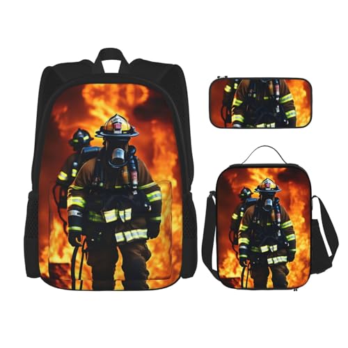 Firefighter Fireman Flame print Backpack with Lunch Box, Set of 3 Backpacks Matching Combo, Lightweight Pencil Case, Black