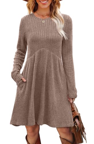 Image of OFEEFAN Long Sleeve Dress for Women Crew Neck Empire Waist Tunic Dress with Pockets