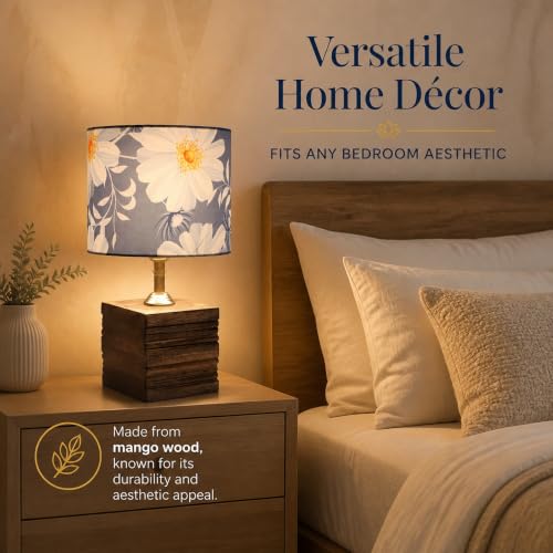 Image of tu casa Wooden Table Lamp Floral Satin Shade for Bedroom, Lounge,H-12