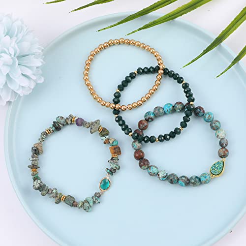 Bohemian African Turquoise Beaded Bracelets For Women, 4Pcs Stackable Natural Stones Stretch Bracelet Set With Charm, Multilayered Matte Turquoise Chips Beads Bracelets Handmade Boho Jewelry Gift #TOP3