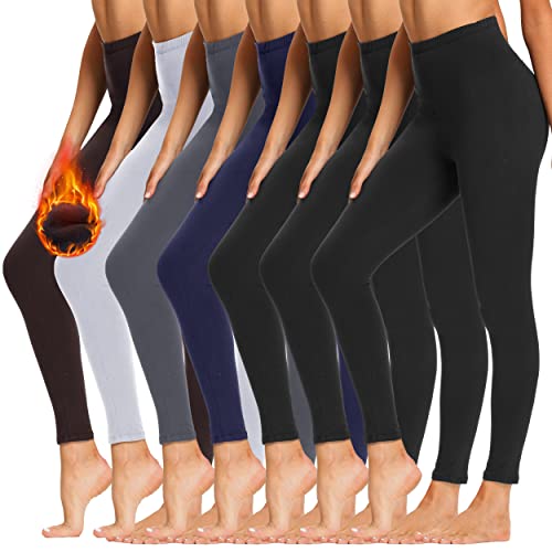 TNNZEET 7 Pack Fleece Lined Leggings Women, Warm Winter Black Thermal Workout Yoga Leggings Large-X-Large Black*3/ Navy Blue/ Grey/ White/ Brown