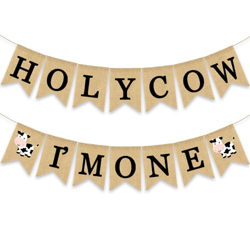 Holy Cow I'm One Banner Farm 1st Birthday Party Decoration Barnyard Burlap Garlands Western Boy Girl First Birthday Supplies Black