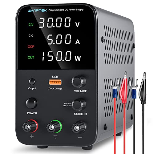 DC Power Supply Variable, Bench Power Supply with Output Switch, Short Circuit Alarm, Adjustable Switching Regulated Power Supply 30V 5A with 4-Digits LED Power Display, USB Quick-Charge Interface