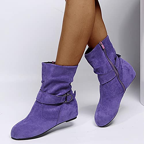 Hbeylia Women's Boots With No Heels Fashion Slouchy Ruched Suede Round Toe Slip On Flats Ankle Booties With Side Zipper Casual Comfortable Winter Fall Mid Calf Dress Short Boots For Women Ladies3
