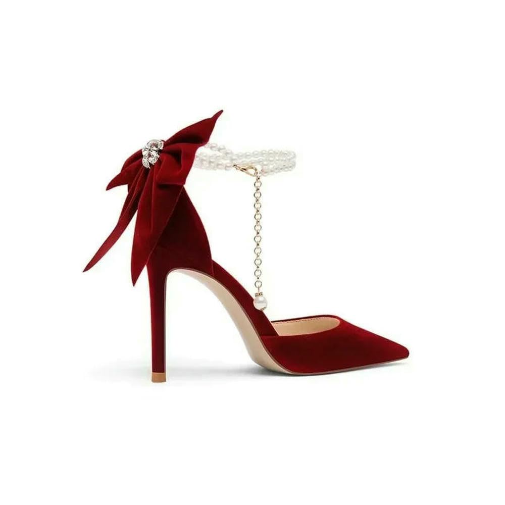 Scarpe da Sposa Rosse Xiuhe Tacco a Spillo Alto con Punta a Punta Bocca Bassa Fiocco Perla Una Parola Fibbia Cinturino Due Scarpe da Sposa da Indossare