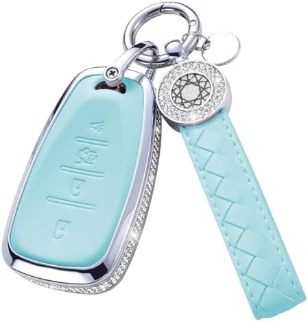 for Chevy Chevrolet Key Fob Cover with Keychain, Blue Leather Rhinestone Key Case Protection Shell Fit for Equinox Malibu Cruze Camaro Tahoe Silverado Traverse Blazer Sonic 4 Buttons, Trunk