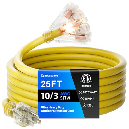 25FT 10 Gauge Outdoor Extension Cord with Multiple Outlets Heavy Duty Waterproof 3 Prong Power Cord with Lighted 3-Outlets 15A 1875W Yellow Extension Cord for Garage Garden Jobsite ETL Listed