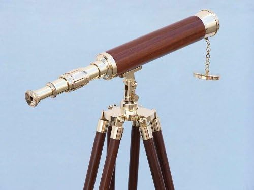 Hampton Nautical Floor Standing Brass/Wood Harbor Master Telescope, 50", Brass