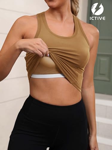 ICTIVE Women's Racerback Longline Sports Bra Built in Padded Slim Fit Workout Yoga Crop Tops Khaki S — view 6