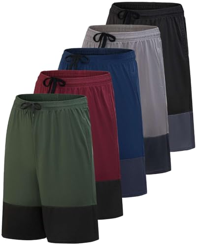 Real Essentials Mens 5 Pack: 9" Dry-Fit Shorts  Athletic Gym, Workout, Basketball, Running, Casual Lounge Active Pockets