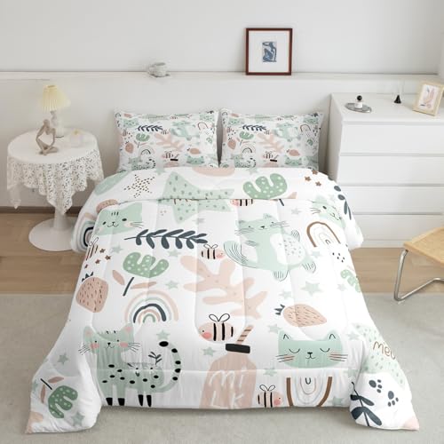 Image of Feelyou Cartoon Rainbow Kitten Print Comforter Set - Toddler Size, Kawaii Pet Cats and Flowers Duvet Set