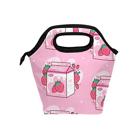 Kuizee Lunch Bag Lunch Box ﻿Carton Of Strawberry Milk Kawaii Anime Cartoon Pink Lunch Case Insulated Thermal Food Bag Carry Case Work Outdoor Travel Picnic School 11.5 Inch Cover