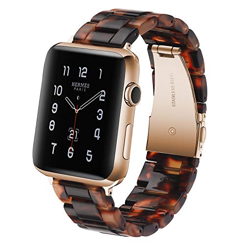 SUNDAREE Compatible with Resin Apple Watch Band 38mm 40mm 42mm 44mm Series SE 6 5 4 3 2 1 Women Men iWatch Replacement Wristband with Stainless Metal Steel Strap (Tortoise, 42MM-44MM)