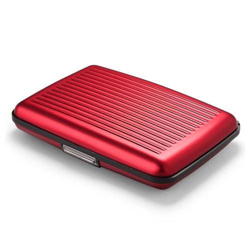 Image of OGON -DESIGNS- Aluminum card holder, RFID protection against fraud and demagnetization, compact wallet, Smart Case STOCKHOLM model (Aluminum Red, Extra-secure lock)