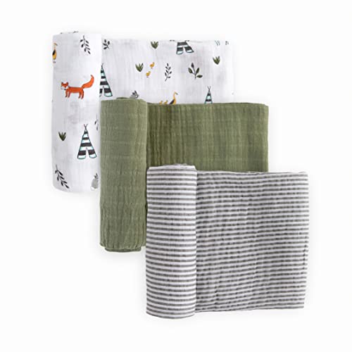 Image of Little Unicorn Premium Muslin Swaddle Blanket 3 Pack | for swaddling, Play, Nursing & More | Giftable Set of 3 (Forest Friends 2)