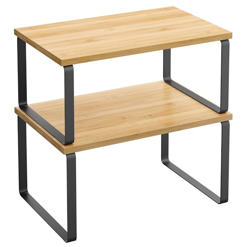 SONGMICS Spice Rack, Set of 2 Cupboard Shelf Organiser, Expandable Kitchen Shelf Organiser, Stackable Spice Holder, Metal and Engineered Wood, Black and Natural KCS02NB