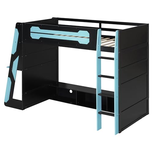 Image of Harper & Bright Designs Twin Size Wood Loft Bed with Desk and Multi-Storage Shelves, Wooden Gaming Loft Bed Frame with RGB Light, Space-Saving Bed with Safety Guardrail, Blue