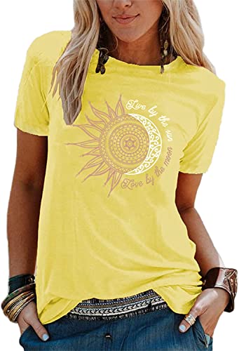 Genmoral Sommer T Shirt Sonnenblume Druck Muster Kurzarm Rundhals Kurzarm Lose Damen Rundhals Casual Top, gelb, X-Groß Cover