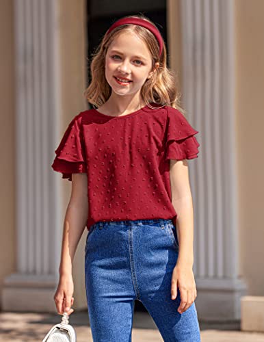 Hopeac Girl's Casual Round Neck Basic Swiss Dot Top Ruffle Short Sleeve Curved Keyhole Back Blouse Wine Red #TOP3