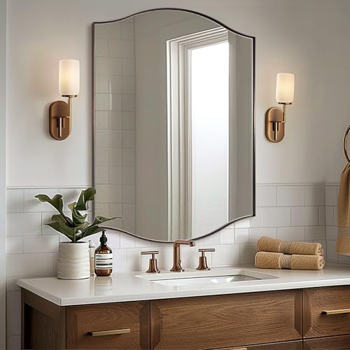 Image of ANDY STAR 30 inchx40 inch Bronze Bathroom Mirror, Rectangle Scalloped Wall Mirror in Stainless Steel Metal Frame, Modern Brushed Bronze Finish with Curved Edge Design, Wall-Mount Mirror for Bathroom, Entryway
