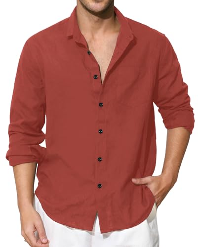 Enlision Chemise Terracotta Homme en Lin Manches Longues Été Coton Couleur Unie Leger Ample Casual Chemises pour Hommes de Plage avec Poche Orange Brûlée M