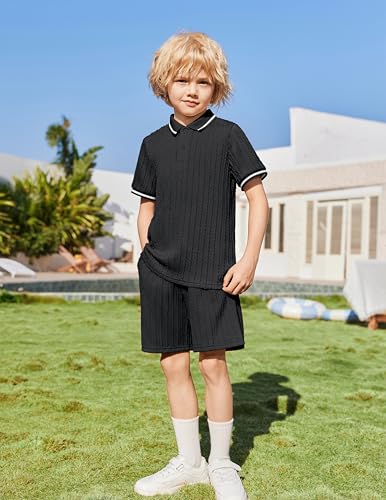 Image of Arshiner Boys 2 Piece Outfits Button Polo Shirt & Elastic Shorts 4-13 Years