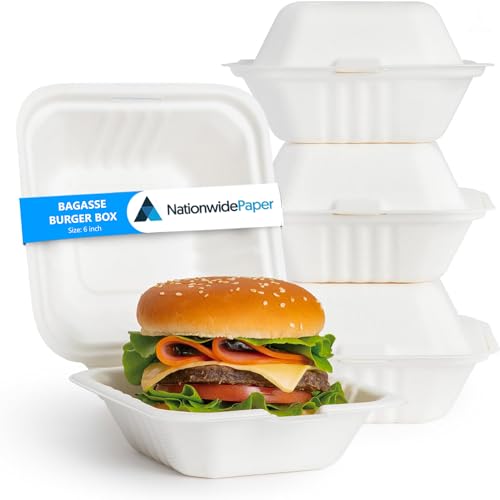 Nationwide Paper Pack of 50 Burger Boxes Takeaway Bagasse Sugarcane White Boxes Microwave and Freezer Safe, 6Inch(15cm)