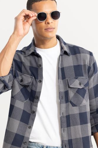 Image of SNITCH Men's Overshirt | Relaxed Fit Cotton Shirt with Tartan Checks | Full Sleeve Spread Collar Casual Shirt with Flap Pockets for College & Street Wear