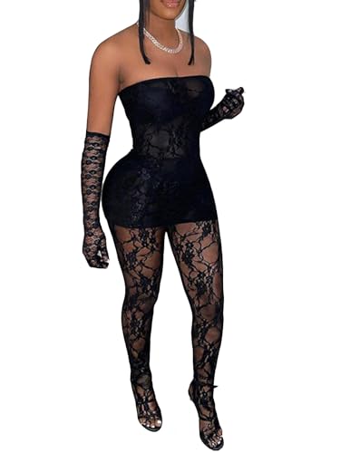Mojessy 2 Piece Outfits for Women Sexy Lace Tube Mini Dress Top with Stockings Legging Set Birthday Outfits