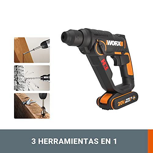 WORX WX390.1 Martillo perforador sds plus 20V-2Ah, 1,2J, velocidad variable, compacto y ligero para hormigón y mampostería, 2 baterías, cargador y maletín - imagen 4