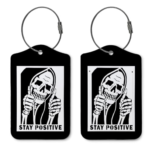 Stay Positive Luggage Tags for Suitcases,Funny Skull 2 Pack Baggage Tag Label with Steel Loop,Vintage Black Handbag School Bag Backpack Traveling Accessories