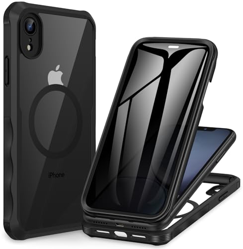 CENHUFO Privacy Magnetic for iPhone XR Case, Full Body Phone Case Built-in 9H Tempered Glass Privacy Screen Protector [Compatible with Magsafe] Shockproof Protective Bumper Clear Cover - Black