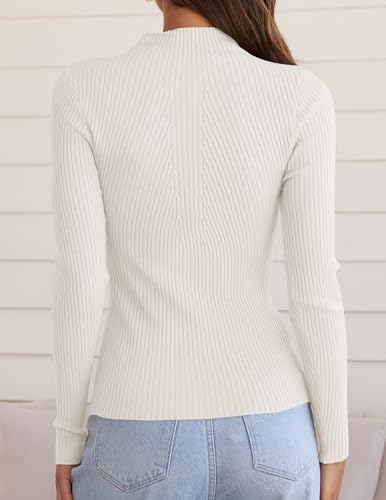 ZESICA Women's 2024 Fall Long Sleeve Turtleneck T Shirt Ribbed Knit Sweater Slim Fit Basic Casual Tee Tops,White,Medium