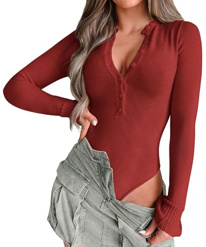 MASCOMODA Womens Fall 2024 V Neck Button Down Knit Bodysuit Sweater Long Sleeve Fitted Ribbed Bodysuit Tops Dressy Casual