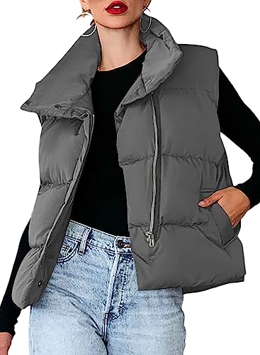 Dokotoo Womens Plus Size Gray Puffer Vest Lightweight Warm Stand Collar Cropped Casual Zip Padded Vest Sleeveless Outerwear Jacket Winter Coats for Women Quilted Vest with Pockets XXL