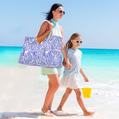 JUNZAN Zebra Print Blue Beach Tote Bag with Handles Swim Pool Bag Beach Totes Bags for Women with Waterproof Pockets2